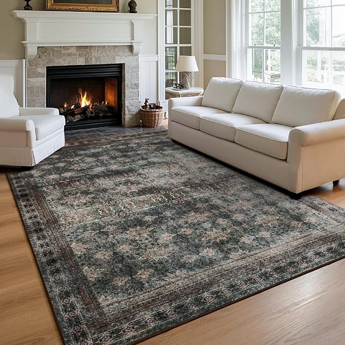 4x6 Area Rug for Bedroom Machine Washable, Non Slip Vintage Floral Kitchen Rugs for Dining Room, Rustic Indoor Floor Carpet for Kids Room, Playroom, Farmhouse, Office Brown/Multi