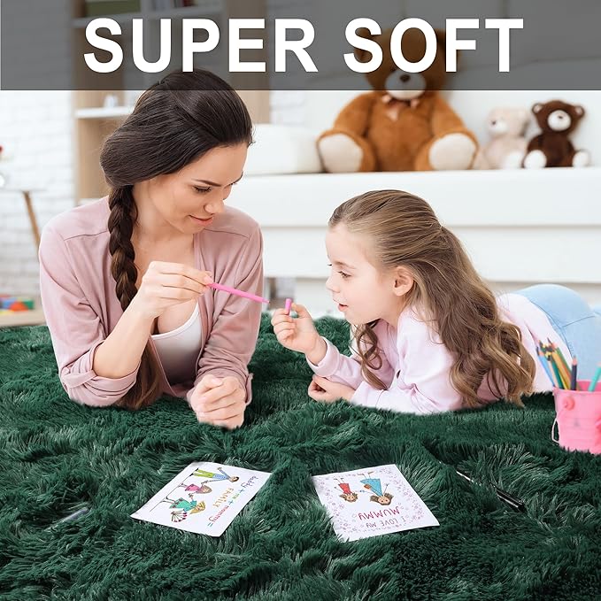RUGTUDER Fluffy Dark Green Christmas Rug Carpet for Bedroom Living Room, 5x8 Feet Area Rugs for Boys Kids Girls Bedroom Decor, Soft Shaggy Plush Floor Rug for Baby Nursery, Washable Non-Slip