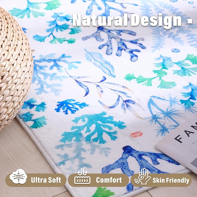 Carvapet Rugs for Hallway Laundry Bedroom, Modern Floral Low Pile Long Carpet with Rubber Backing, Foldable, Non Slip Machine Washable (10 x 3 Feet Rectangular, Blue Coral Runner Rug)