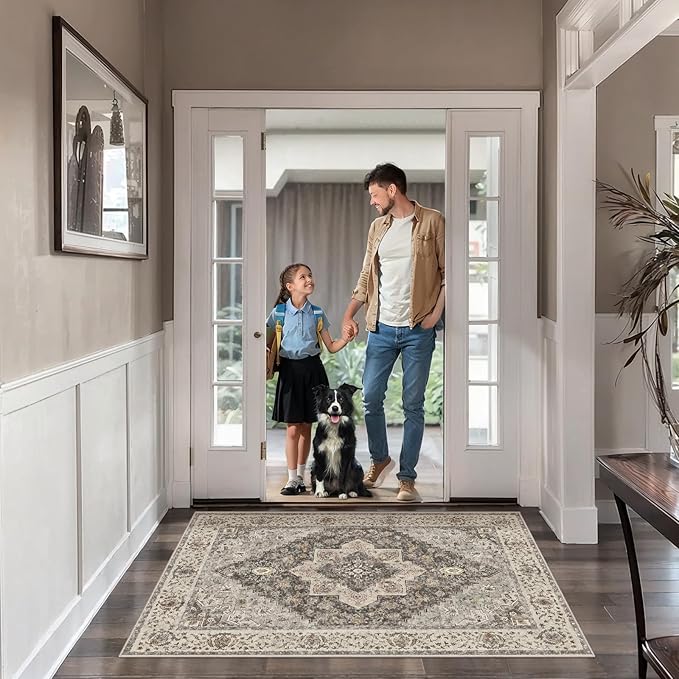 2.6x8 Washable Runner Rug for Hallways, Non Slip Vintage, Soft Low Pile Long Runner, Print Distressed Brown/Grey Carpet Runners for Kitchen Bedroom Entryway Bathroom Living Room