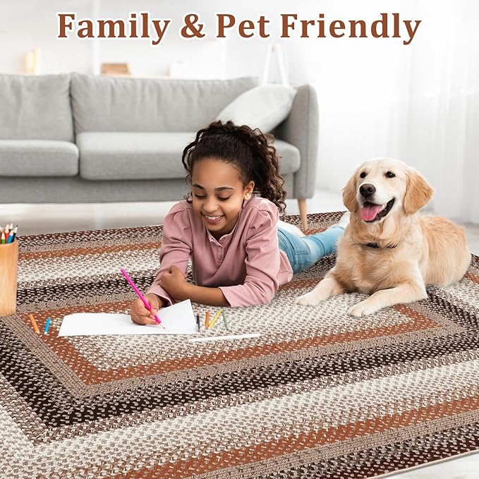 Imitation Braided Collection-Print Washable Area Rugs 2x8 Carpet Runner with Non-Slip Backing, Contemporary Bordered Hallway Rug, Farmhouse Low Pile Floor Cover for Kitchen, Laundry, Bedroom