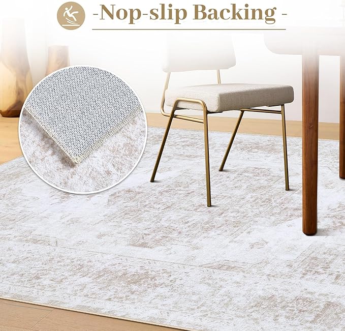Bedroom Rug 3x5 Vintage Rug, Machine Washable Kitchen Rug Retro Medallion Distressed Rug Non-Slip Soft Low Pile Throw Rugs for Entryway Bedroom Bathroom Hallway Kitchen(Beige,3'x5')
