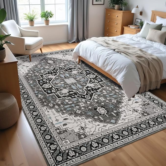 4x6 Black Grey Area Rug for Living Room, Machine Washable Rugs with Non-Slip Backing for Bedroom, Vintage Medallion Carpet Kitchen Laundry Kids Room Decor