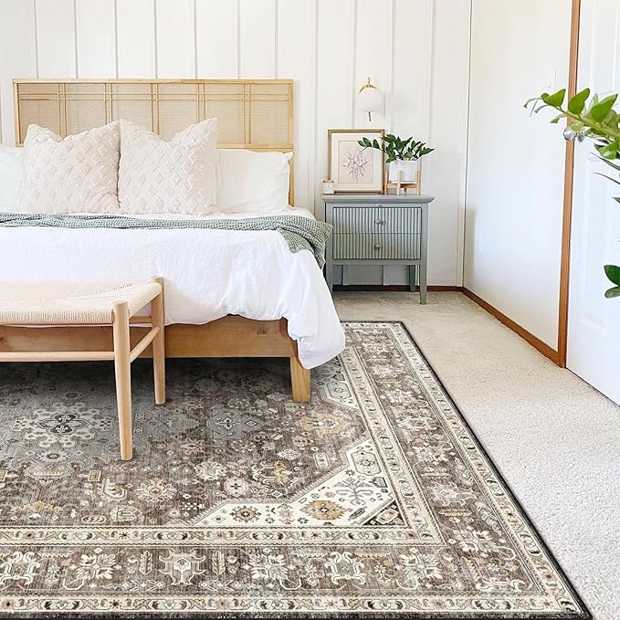 Washable Area Rug - 5x7 Bedroom Living Room Large Indoor Rugs Soft Oriental Vintage Rugs Non-Slip Backing Stain Resistant for Farmhouse Kitchen (5x7 Brown)