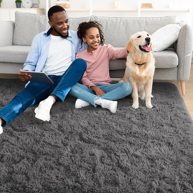 YJ.GWL Area Rugs for Living Room Bedroom, 4x6 Machine Washable Large Dark Grey Carpet, Soft Fluffy Shaggy Thick Big Shag Indoor Floor Rug for Kids Boy and Girls Room Dorm Home Decor Aesthetic