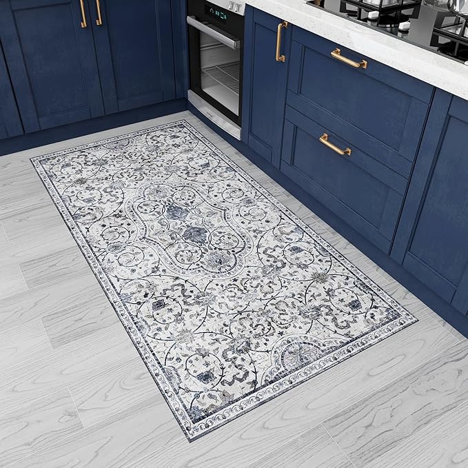 SALLOUS Runner Rug for Hallway, 3x20ft Vinyl Floor Mat for Home, Area Rug for Living Room Bedroom, Waterproof Kitchen Mat, Runner Rug for Bathroom, Entryway (Grayish Blue Bohemian-Style)