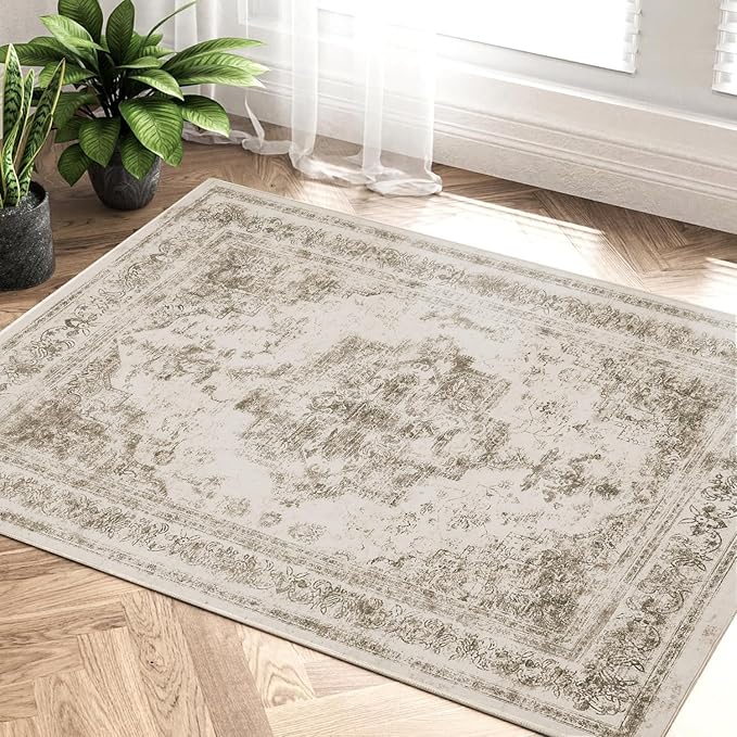 Area Rug 2x3 Washable Taupe Rug Vintage Boho Medallion Entryway Door Mat Entrance Distressed Retro Carpet Non Slip Low Pile Small Soft Doormat for Kitchen Bedroom Laundry Bathroom Hallway