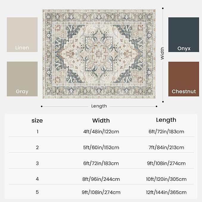 Kokia Washable Area Rugs 9x12 Living Room Boho Non Slip Thin Carpet Stain Resistant Vintage Linen Printed Oriental Distressed Rug for Bedroom Low Pile
