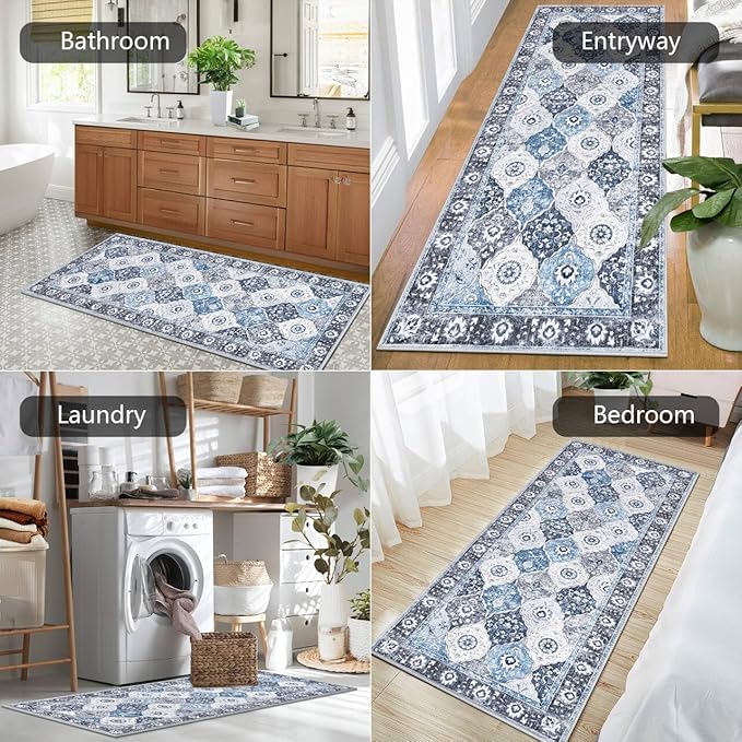 HEBE Hallway Runner Rug 2'x5' Washable Vintage Distressed Area Rugs Non Slip Laundry Rug Runner Boho Floor Carpet Runners for Hallways Entryway Laundry Room Kitchen Bathroom