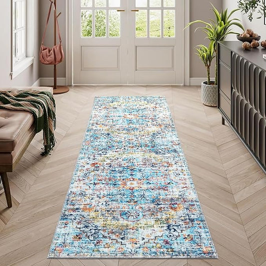 Bohemian Rugs for Entryway, Runner Rug 2x6 Non Slip Machine Washable Boho Hallway Runner Rug, Low Pile、Corridor and Kitchen Aqua and Multi Color