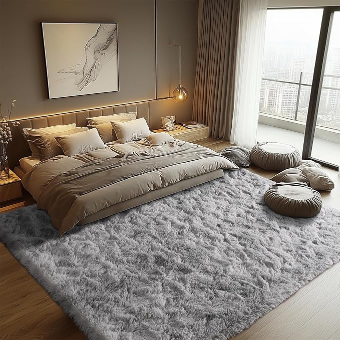 Zentavio Grey and White Area Rugs for Living Room Large Men Room Carpet 8x10 Bedroom Fluffy Furry Shag Aesthetic Plush High Pile Floor Rug for Kids Room Dorm Home Decor Tie-Dyed