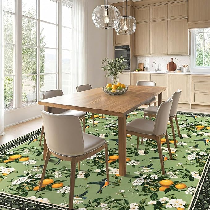 ASPMIZ Vintage Floral Area Rug 8x10 Sage Green Large Rugs for Living Room Washable Lemon Hummingbird Throw Rugs Non Slip Foldable Soft Low Pile Floor Carpet for Bedroom Kitchen Dining Room Nursery