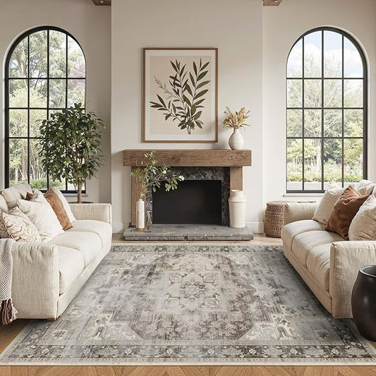 4x6 Washable Area Rug for Living Room, Vintage Boho Rugs for Office, Dining Room, Kids Room, Farmhouse, Durable Low Pile Non Slip Carpet for High Traffic Areas, Brown