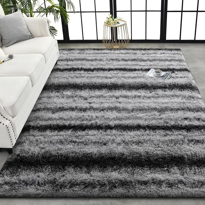 TWINNIS Super Soft Shaggy Rugs Fluffy Carpets, 5x8 Feet, Indoor Modern Plush Area Rugs for Living Room Bedroom Kids Room Nursery Home Decor, Upgrade Anti-Skid Rectangular Fuzzy Rug, Gray Black