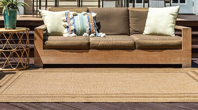 Unique Loom Outdoor Border Collection Area Rug - Multi Border (6' 1" x 9' Rectangle, Tan/ Light Brown)