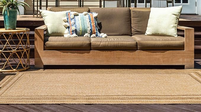 Unique Loom Outdoor Border Collection Area Rug - Multi Border (7' 1" x 10' Rectangle Tan/Light Brown)