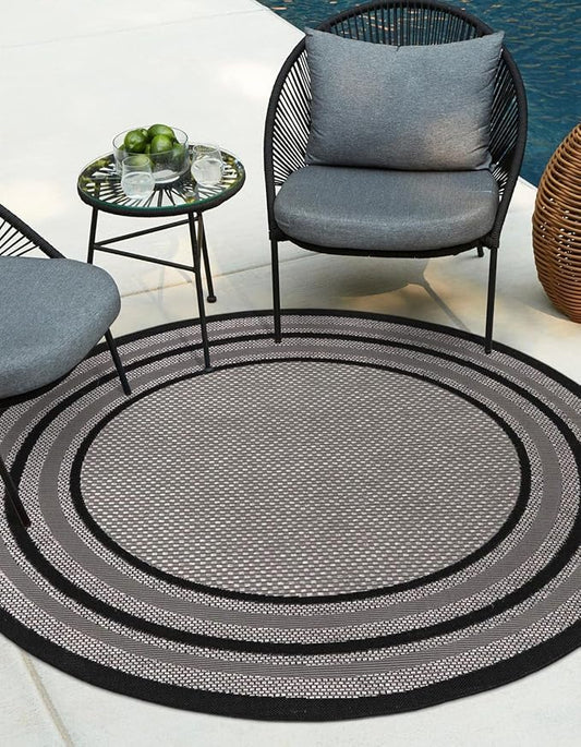 Unique Loom Outdoor Border Collection Area Rug - Multi Border (6' Round, Gray/ Black)