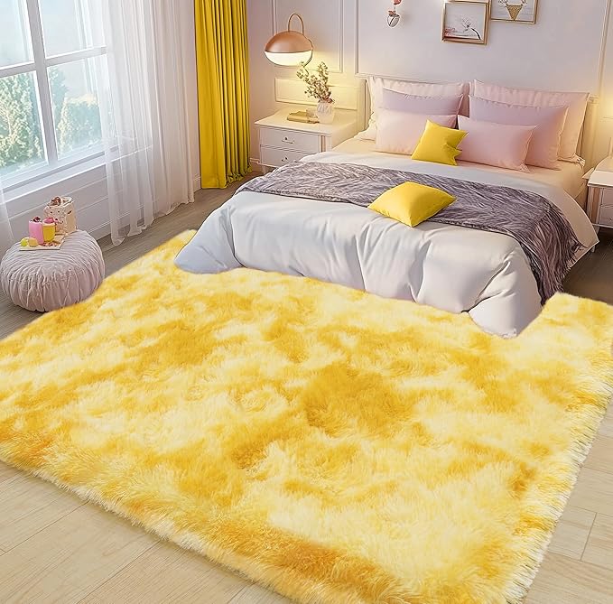6x9 Fluffy Fuzzy Area Rug for Living Room Bedroom, Ultra Soft Large Living Room Rugs, Non Slip Thick Shag Rug for Dorm, Kids Girls Boys Rug for Home Decor Aesthetic, Tie-Dyed Yellow