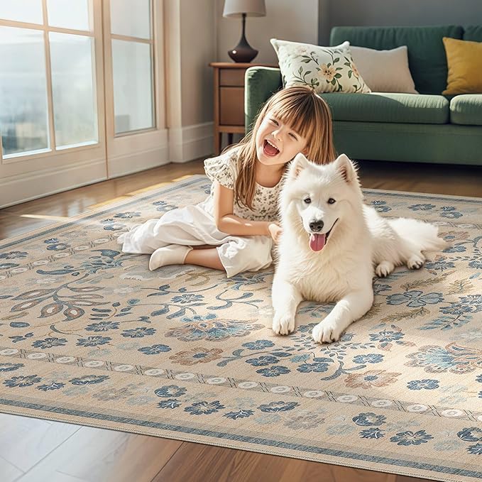 10x14 Area Rug Living Room Rugs - Washable Boho Vintage Floral Large Soft Non Slip Thin Rug Low Pile Carpet for Bedroom Dining Room Kids Playroom Office Decor Indoor- Multi Color