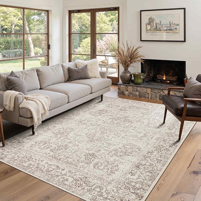 5X7 Washable Area Rug for Living Room, Vintage Neutral Large Boho Rugs for Office, Dining Room, Kids Room, Farmhouse, Durable Low Pile Non Slip Carpet for High Traffic Areas, Light Bown