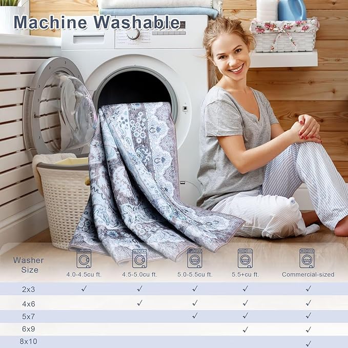 4x6 Area Rug for Bedroom, Machine Washable Rugs with Non-Slip Backing for Living Room, Soft Vintage Carpet Kitchen Laundry Kids Room Decor, Blue & Brown