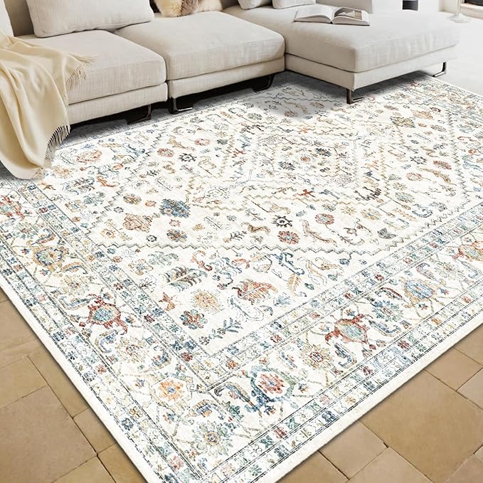 Area Rug 8x10 Washable Rug Cream Indoor Foldable Thin Retro Accent Area Rug Floral Non Slip Carpet Living Room Dining Room Office (Cream Base 8x10