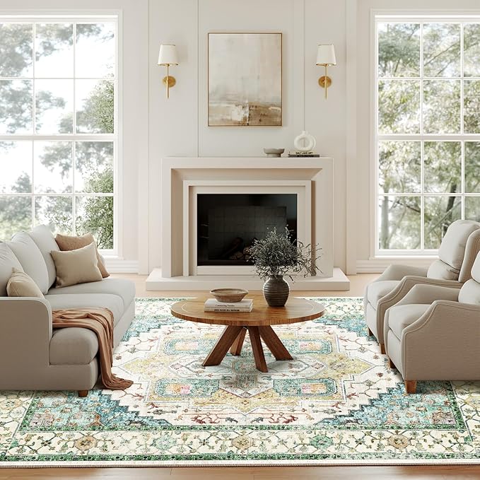 Washable 9x12 Area Rugs, Rugs for Living Room, Low-Pile Water&Stain Resistant Carpet Vintage Distressed Printed Non-Slip Carpet for Bedroom Bathroom Kitchen-Grass Green
