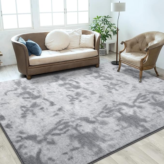 FlyDOIT Large Area Rugs for Living Room Bedroom, 7x10 Ft Tie-Dyed Light Grey Ultra Soft Comfy Thickened Memory-Foam Indoor Carpet, Cozy Modern Floor Rug for Boys Girls Playroom Dorm Nursery Home Décor