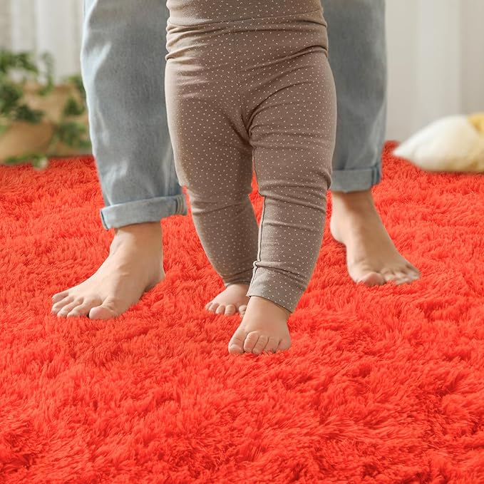 YJ.GWL Area Rugs for Living Room Bedroom, 4x6 Machine Washable Large Orange Carpet, Soft Fluffy Shaggy Thick Big Shag Indoor Floor Rug for Kids Boy and Girls Room Dorm Home Decor Aesthetic