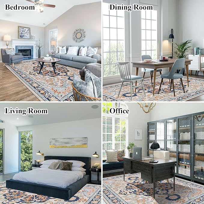 U'Artlines Boho Vintage Area Rug 8x10 Machine Washable Low Pile Soft Floor Carpet Non Slip Non Shedding Accent Rug for Living Room Bedroom Entryway Dining Room Office Orange Blue