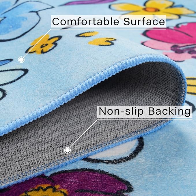 ST. BRIDGE Blue Runner Rug 2x6, Washable Rug Runners for Hallway Entryway Bedroom, Non-Slip Low Pile Boho Floral Throw Rugs Soft Faux Wool Floor Carpet for Kitchen, Bathroom, Laundry