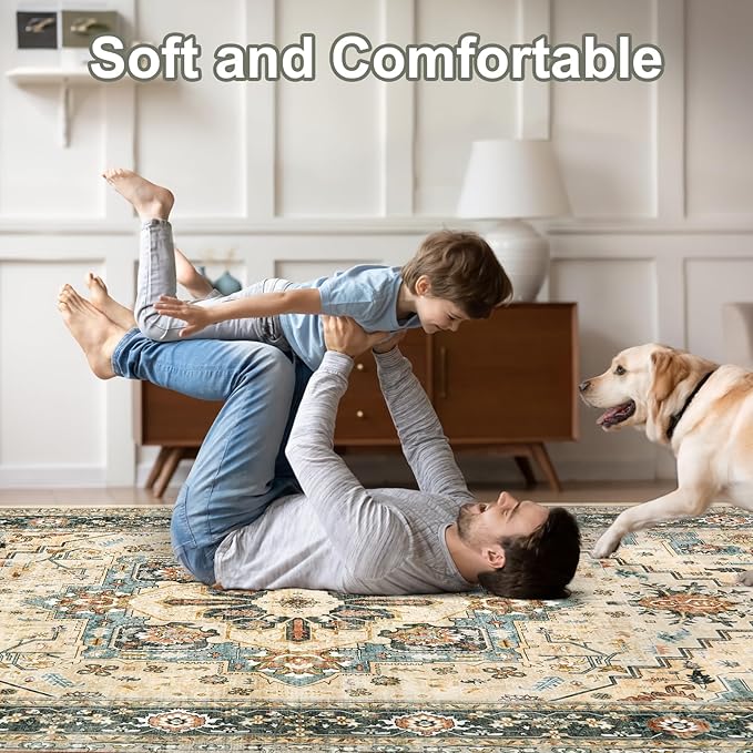 Area Rugs for Living Room 9x12 - Large Machine Washable Vintage Oriental Soft Rug, Low Pile Thin Carpet with Non Slip Backing for Bedroom, Dorm, Under Dining Room Table, Indoor House, Office Decor