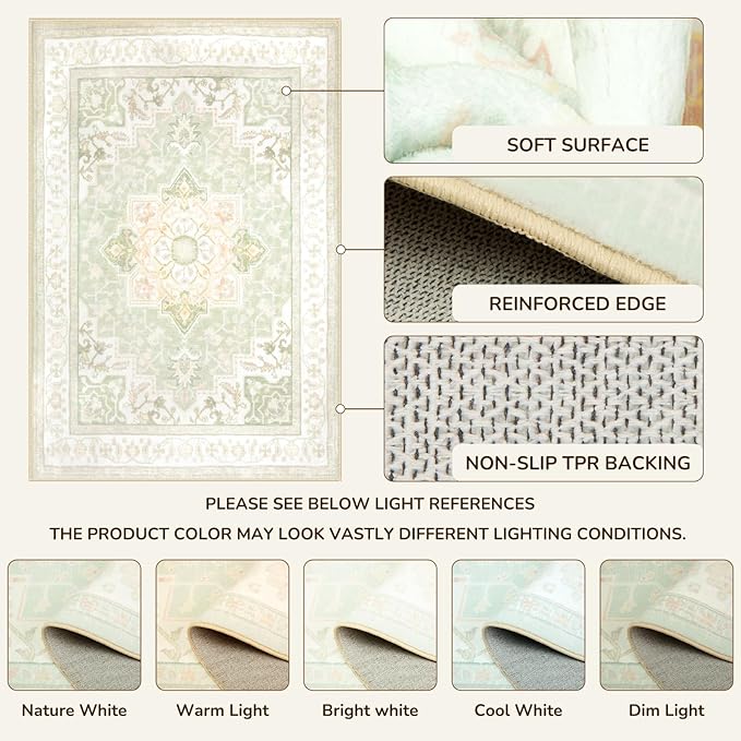 BESTSWEETIE 9x12 Area Rugs for Living Room, Washable Ultra Soft Boho Vintage Print Pattern Rug Non Slip Low Pile Carpet for Dining Room Bedroom Entryway Indoor-Light Green