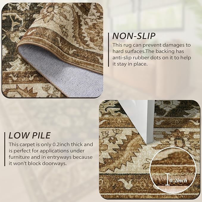 Area Rugs for Living Room, 4x6 Washable Rugs for Bedroom, Non-Slip Retro Floral Carpet for Entryway Office Kitchen Dining Room, Brown and Green