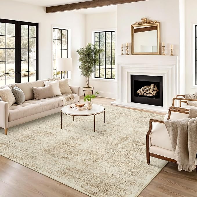 Washable Area Rug 8x10, Large Soft Rugs for Living Room Vintage 8x10 Area Rugs for Bedroom Dining Room Floral Non-Slip Thin Brown Rug