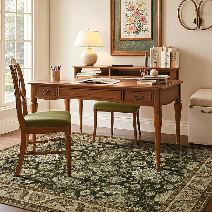 Area Rugs for Living Room, Washable 5x7 Area Rug for Bedroom, Retro Floral Non-Slip Carpet for Nursery Home Office Dining Room Kitchen, Brown and Green