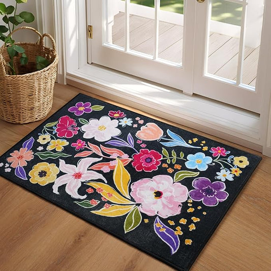 ST. BRIDGE Rugs for Entryway 2x3, Indoor Entrance Rugs Washable Black Boho Floral Throw Rug Non-Slip Low Pile Front Door Mat, Soft Small Area Rug Entry Rug for Bedroom Kitchen Bathroom