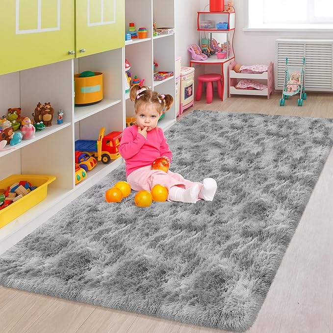 5x8 Ft Light Grey Large Area Rugs for Bedroom,Fluffy Furry Rug Floor Carpets Shaggy Playing Mat for Kids Baby Girls Room Nursery Home Decor Tie Dyed Gray Thick Rugs Fuzzy Home Decor