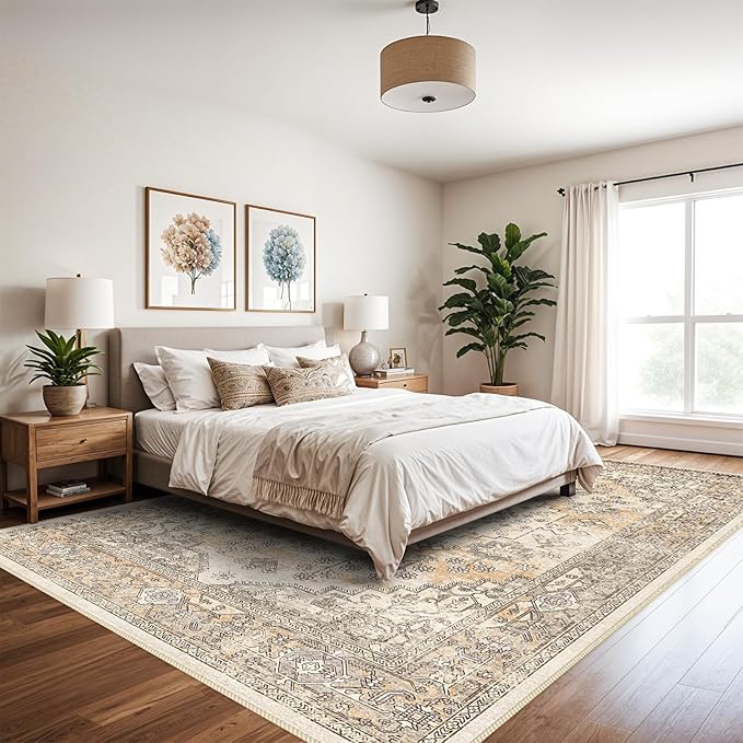 10x14 Large Area Rug - Vintage Washable Rug for Living Room with Non-Slip Low-Pile Traditional Medallion Border Rugs with Stain Resistant Foldable Retro Indoor Thin Rug