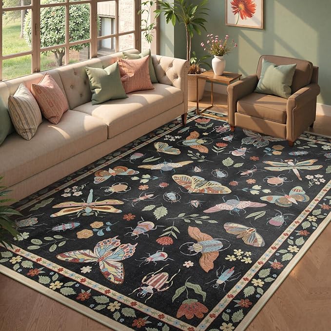 Beeiva Insect Print Rug 6x9, Machine Washable Area Rugs for Living Room, Boho Non Slip Low Pile Ultra Thin Foldable Large Carpet for Office, Bedroom, Playroom, Dining Room - Black