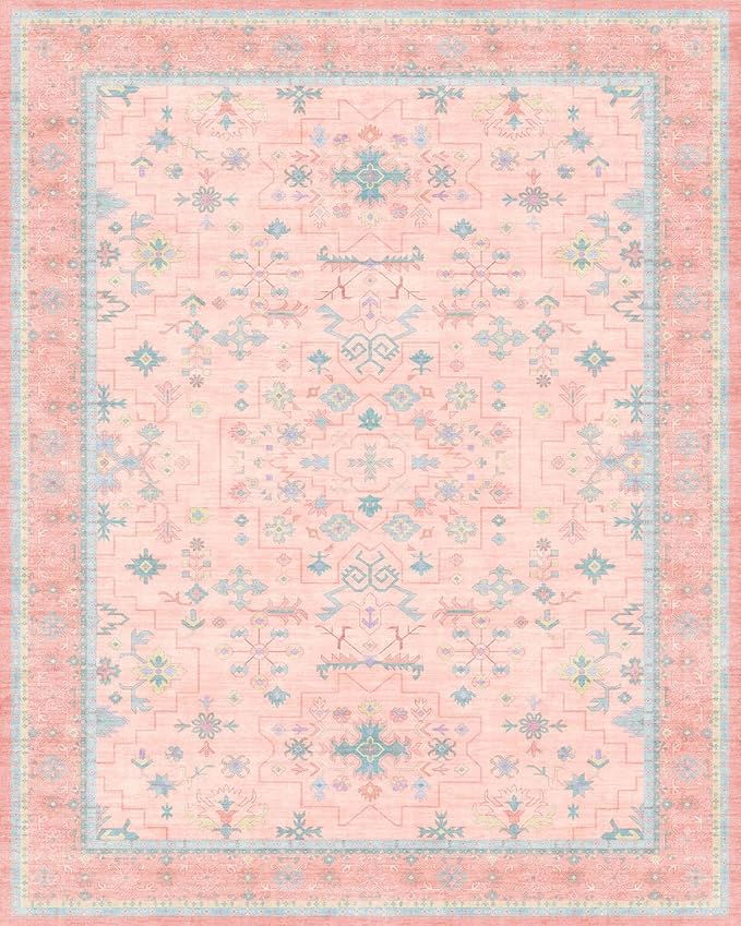 Washable Pink and Blue 9x12 Oushak Rugs for Living Room Rug Bedroom Girls, Modern Floral Aethestic Distressed Design, Soft Faux Wool Low Pile Non Slip Stain Resistance Carpet