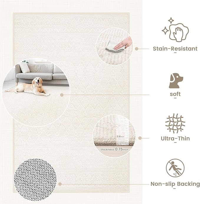 2x3 Rug Entryway Rugs: Washable Boho Small Geometric Moroccan Printed Pattern Rug Modern Indoor Soft Non Slip Ultra Thin Front Door Mat for Kitchen Bedroom (Beige, 2'x3')