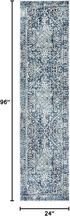 Morebes Vintage 2x8 Runner Rug for Hallways Non Slip, Washable Kitchen Runner Rugs Distressed Bath Mat, Medallion Indoor Floor Carpet for Entryway Laundry Foyer, Deep Blue