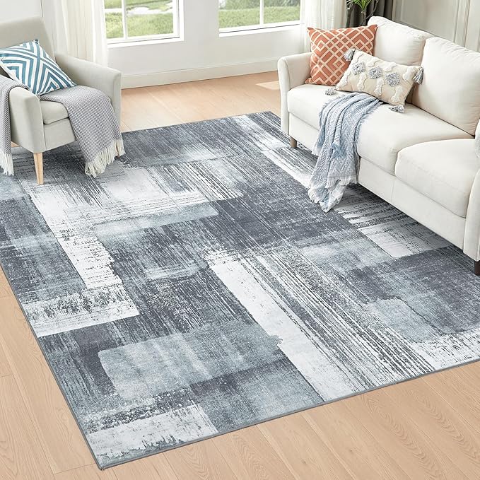 Washable Rug 5x7 Abstract Low Pile Bedroom Living Room Area Rug Modern Non Slip Lightweight Carpet for High Traffic Areas Home Dining Room, Blue&Grey
