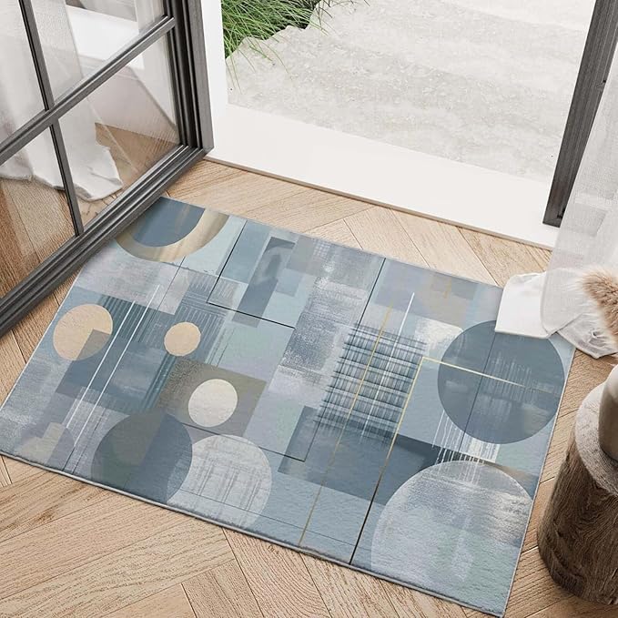 2x3 Entryway Rug Abstract Minimalist Circle Blue Small Area Rug Thin Carpet Bathroom Non Slip Indoor Entrance Low Pile Door Mat Kitchen Stain Resistant Washable Machine