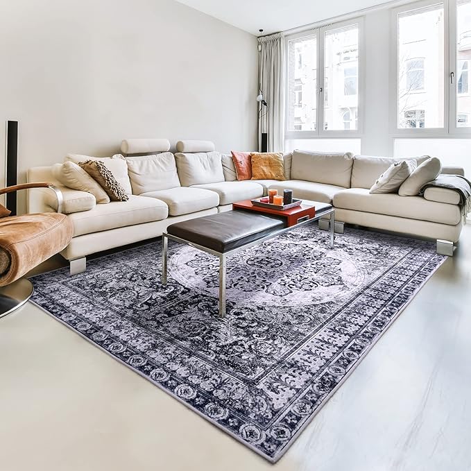 YJ.GWL Area Rug for Living Room, 3x5 Machine Washable Boho Rug for Bedroom, Low Pile Lightweight Thin Rugs Floral Vintage Distress Print Pattern Carpet for Dining Room Kitchen, Navy/White