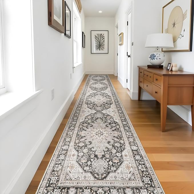 Runner Rug 3x14 - Non Slip Runners for Hallway Washable Oreiental Neutral Entryway Rugs with Rubber Backing Long Indoor Farmhouse Floor Mat Kitchen Soft Low Pile Stain Resitant Thin Carpet 3x14 Grey