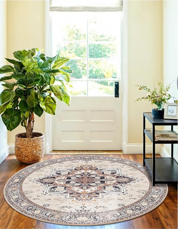BESTSWEETIE 6ft Area Rugs for Living Room Washable Non Slip Carpet Low Pile Soft Vintage Print Pattern Rug for Bedroom Dining Room Kitchen Entryway Indoor-Khaki/Beige/Purple/Black/Brick