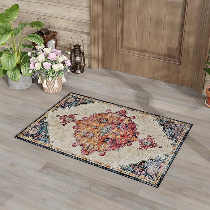 Dripex 2x3 Area Rugs, Machine Washable Non Slip Boho Rugs,Distressed Small Entryway Rug Doormat, No Pile Lightweight Vintage Rug, Floor Carpet for Indoor Front Entrance Kitchen Bathroom,Red and Beige