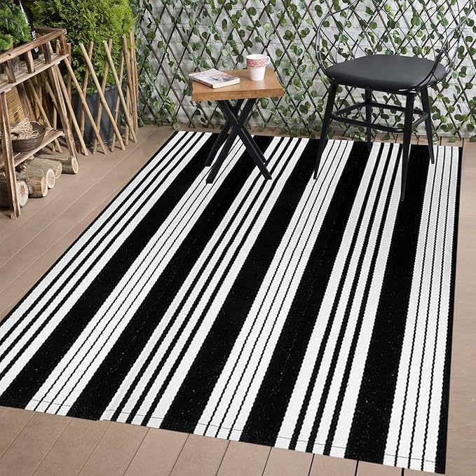 BUAGETUP Black and White Striped Outdoor Patio Rug 4' x 6',Hand Woven Cotton Patio Rug Front Porch Rug Indoor Outdoor Area Rug for Bedroom/Living/Room/Patio